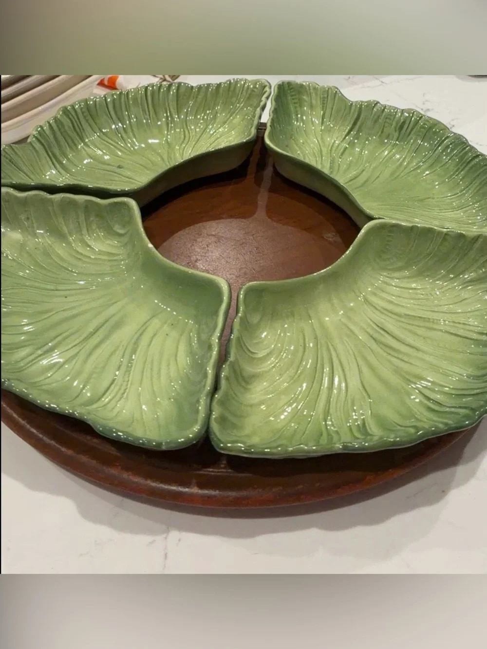 Vintage Maddux of California Green Cabbage Leaf Divided Lazy Susan Serving Set